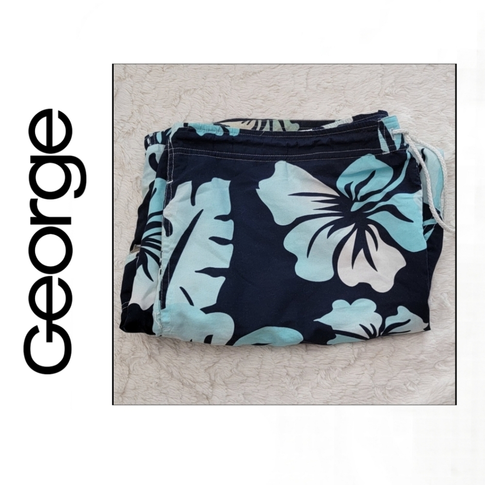 🩳 George Surfer Shorts Navy Blue & Teal  boardShorts Hibiscus print